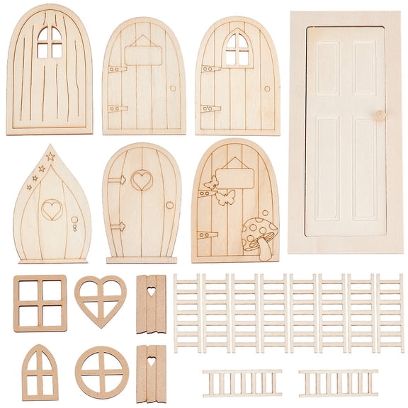 Wooden Fairy Door and Window Figurine Ornaments for Dollhouse Decoration BurlyWood 4.15~17.8x2.2~8.1x0.25cm diy