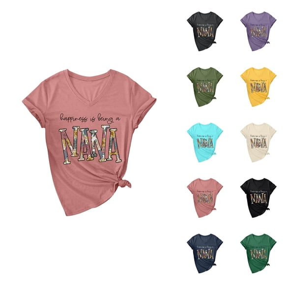 T-shirts pour Femmes « Hapiness Is Being A Nana » 2026 Été Décontracté Manches Courtes Col en V Mignon T-Shirts Graphiques Grand-Maman T-Shirt Fête des Mères