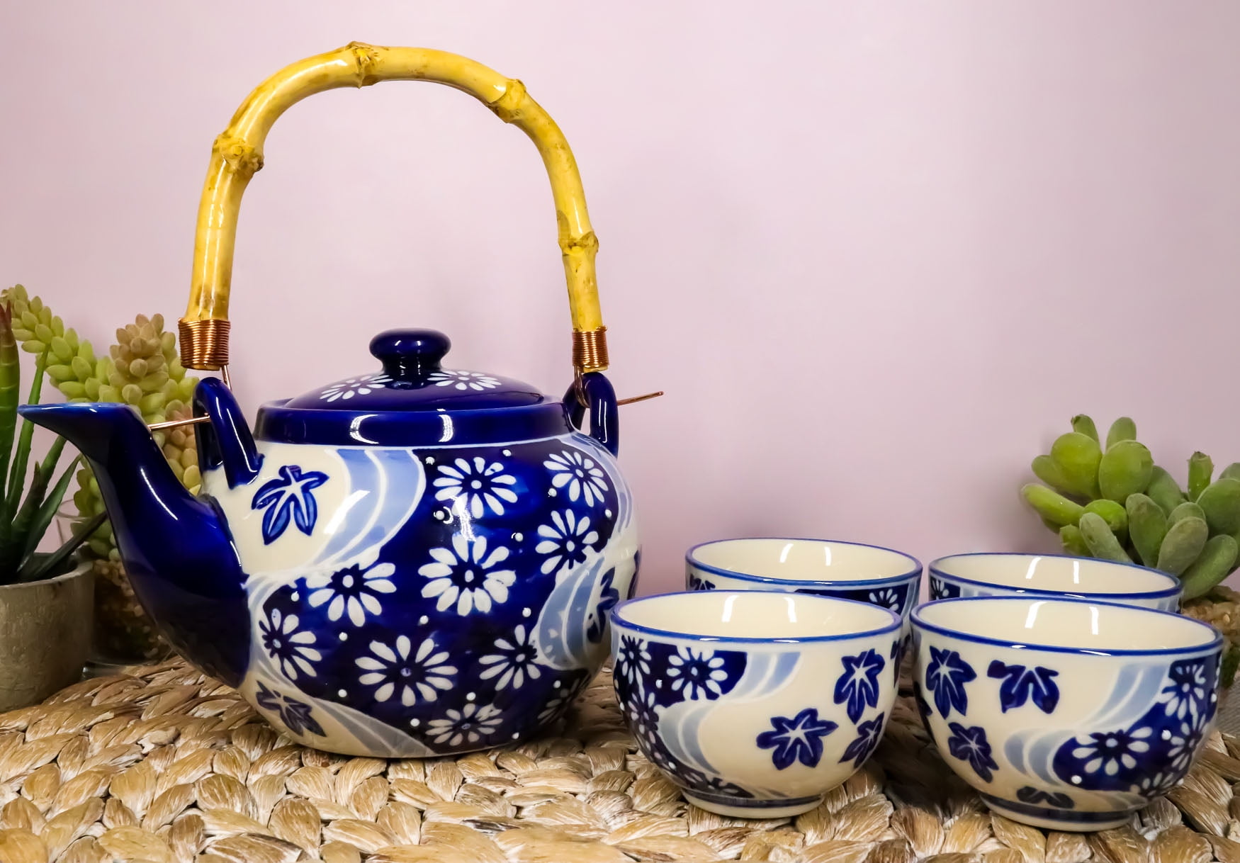 Japanese Sakura Cherry Blossom Flowers Navy Blue Ceramic Tea Pot