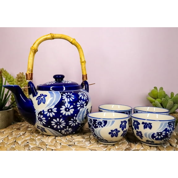 Chrysanthemum Autumn Colorful Large Floral Blooms 25oz Tea Pot With 4 Cups Set