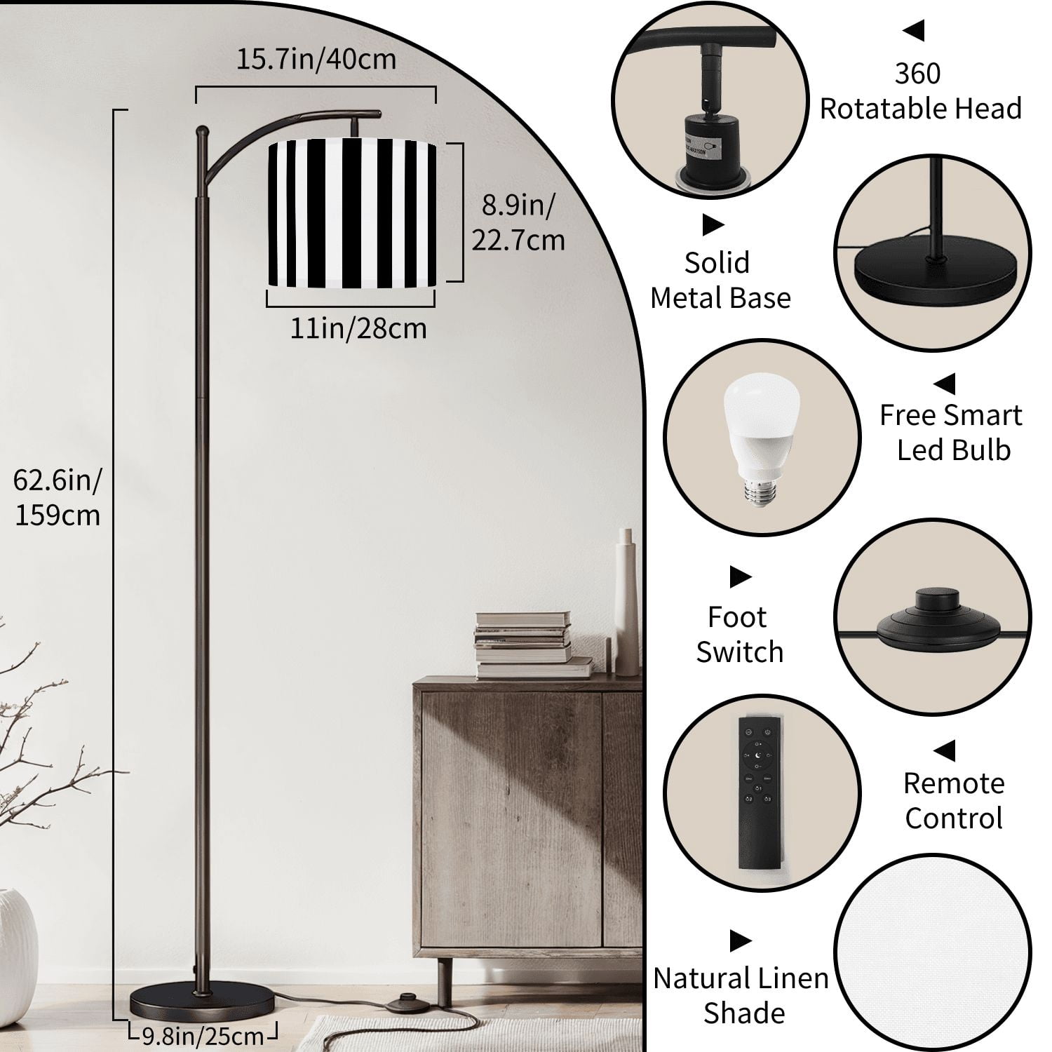 Arc Floor Lamp Striped black white Tall Modern Standing Lamp LED Adjustable Linen Lampshade 3 Color Temperatures