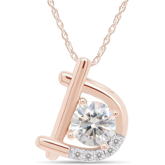 925 Sterling Silver 14K Rose Gold Finish Round Cut White Diamond Initial Letter D Pendant Necklace For Women