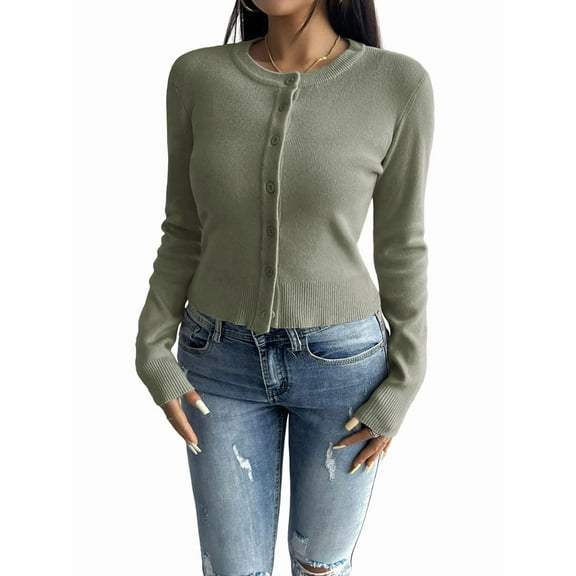 Women'S Slim Fitted Round Neck Cardigan Sweater Button Down Basic Knit Outerwear Green XL