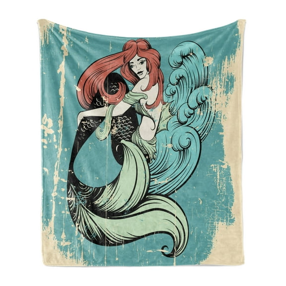 Vintage Mermaid Soft Flannel Fleece Throw Blanket, Grunge Retro Design Illustration of Girl with Fish Tail, Cozy Plush for Indoor and Outdoor Use, 50" x 60", Cadet Blue Multicolor, by Ambesonne
