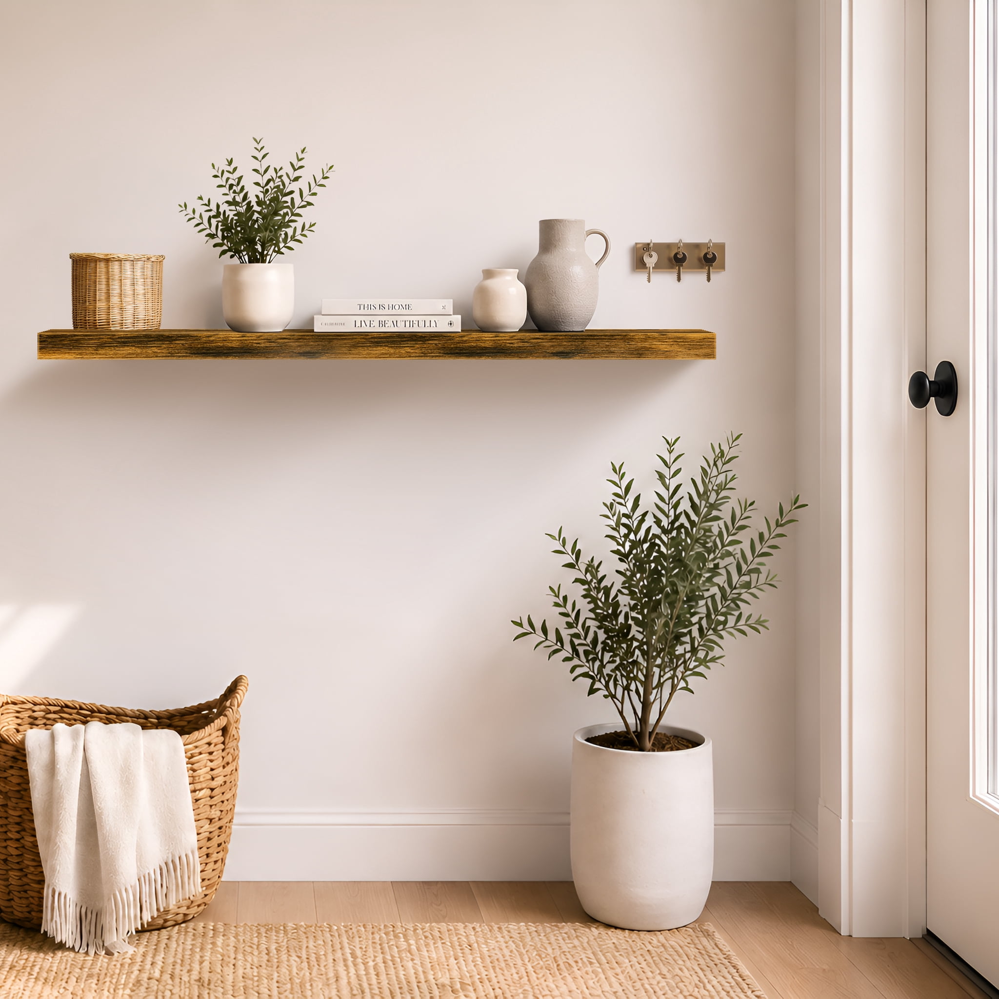 Sorbus 55" Floating Wall Shelf, Brown, Invisible Brackets, Bathroom, Bedroom & Home Decor