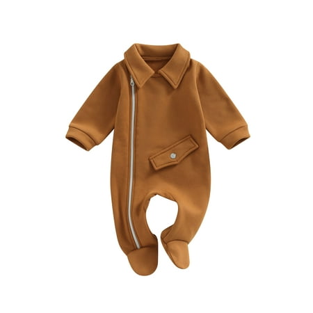 

Newborn Baby Boy Girl Long Romper Long Sleeve Lapel Solid Zipper Fall Spring Cotton Footed Jumpsuit