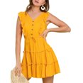 thumbnail image 5 of MODA NOVA Junior's Casual V Neck Ruffle Trim Sleeve Flare Tiered Dress Yellow S, 5 of 5