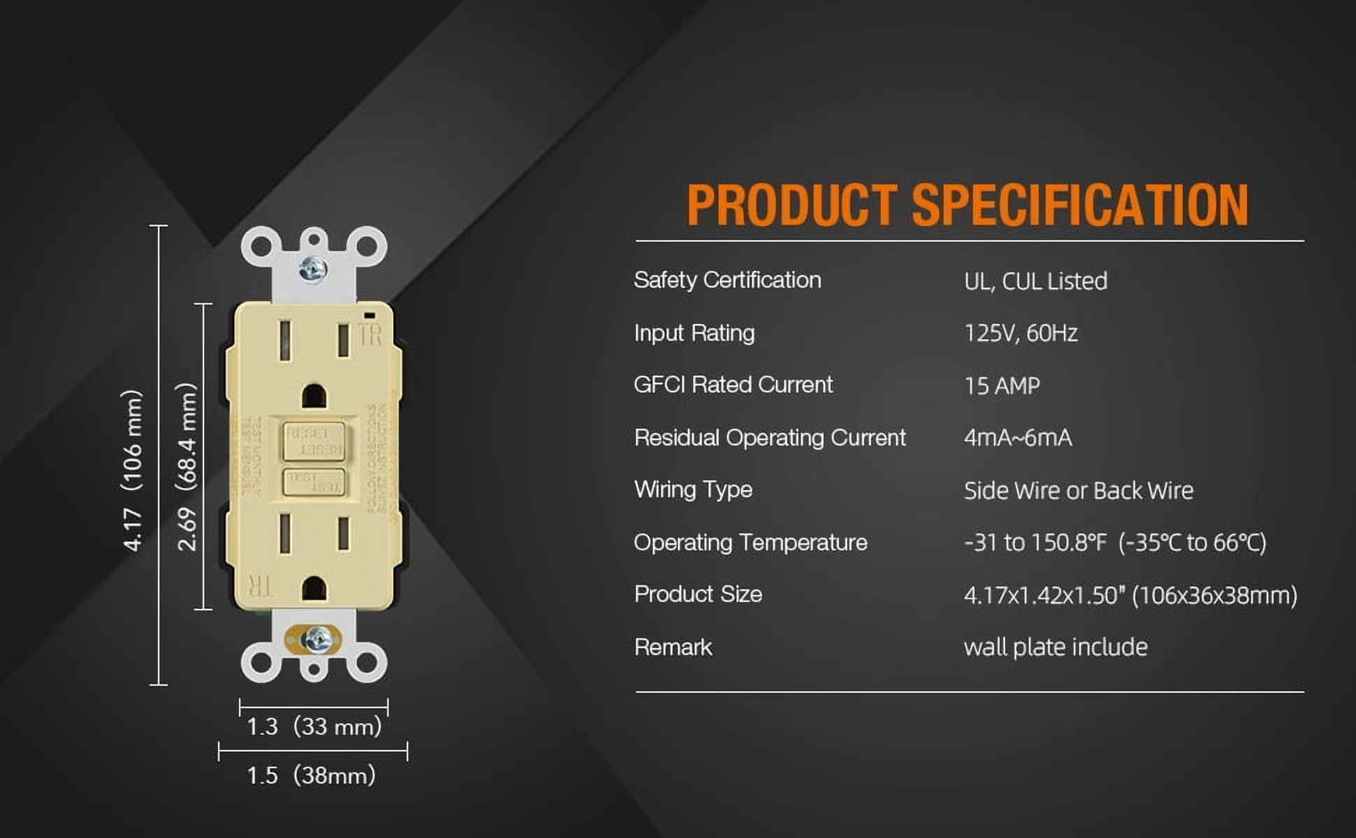 GFCI Outlet 15 Amp, Self-Test GFCI Electrical Outlet with Thinner Design, TR Tamper Resistant GFCI Receptacle, Ground Fault Circuit Interrupters with Wall Plate, UL Listed, Light apricot 2PC