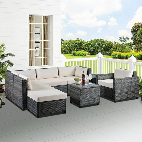 8 Piece Outdoor Wicker Sectional Conversation Sets, All-Weather Patio Rattan Furniture Sets with Seat Cushions & 2 Coffee Table, Ottoman for Living Room, Porch, Backyard, 330lbs, S1933