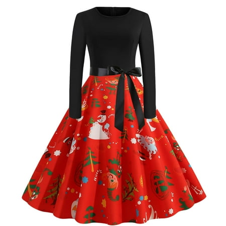 

jsaierl Christmas Dresses for Women Long Sleeve Crewneck Tea Dress Holiday Santa Print A Line Dresses Casual Color Block Tunic Dress with Belt