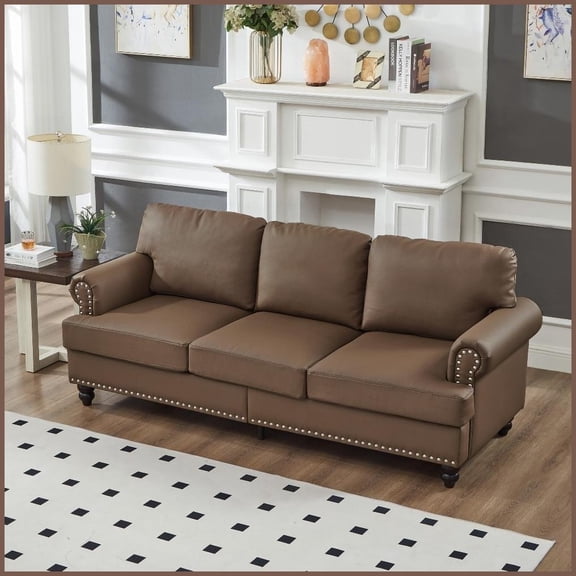 83" Modern Classic Faux Leather Sofa with Nail Trim – Brown Living Room Couch with Removable Covers & Storage