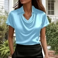 thumbnail image 2 of dazeni Women's Elegant Cowl Neck Satin Shirts Smooth Short Sleeve Lapel Business Blouses Casual Office Work Dressy Tops Light Blue X-Large, 2 of 8