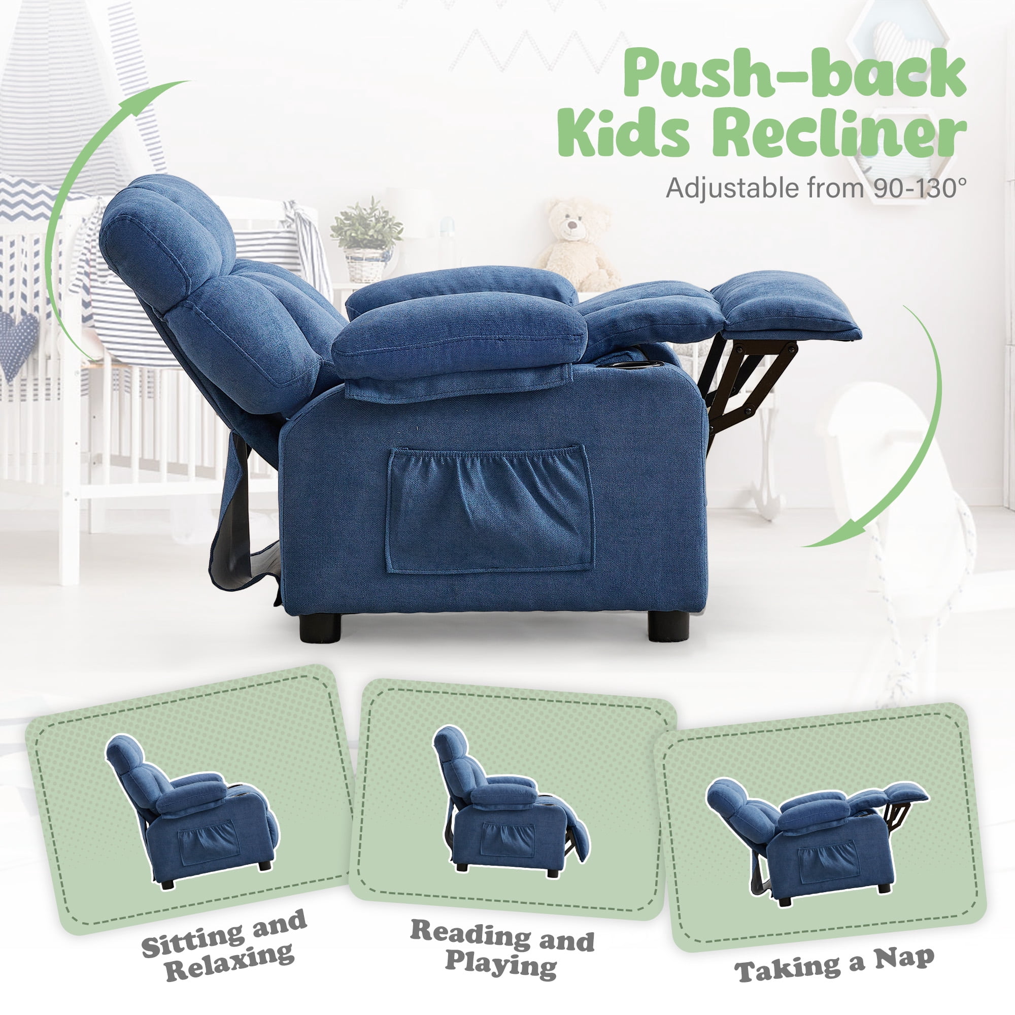 JONPONY Kids Recliner Chair,Push Back Toddler Recliner with Cup Holders & Side Pockets,Adjustable Footrest & Headrest Kids Sofa for Boys Girls 3+ Age Group, Dark Blue