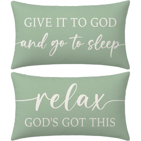 Farmhouse Sage Green Pillow Covers 12x20 Inch Set of 2 – Christian Lumbar Decorative Throw Pillowcase – Give It to God and Go to Sleep/Relax God’s Got This – Faith Decor for Home