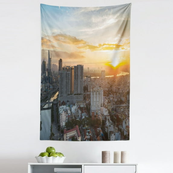 Vietnam Tapestry, Saigon Biggest City of the Country Aerial View Downtown Picturesque Panorama, Fabric Wall Hanging Decor for Bedroom Living Room Dorm, 5 Sizes, Multicolor, by Ambesonne