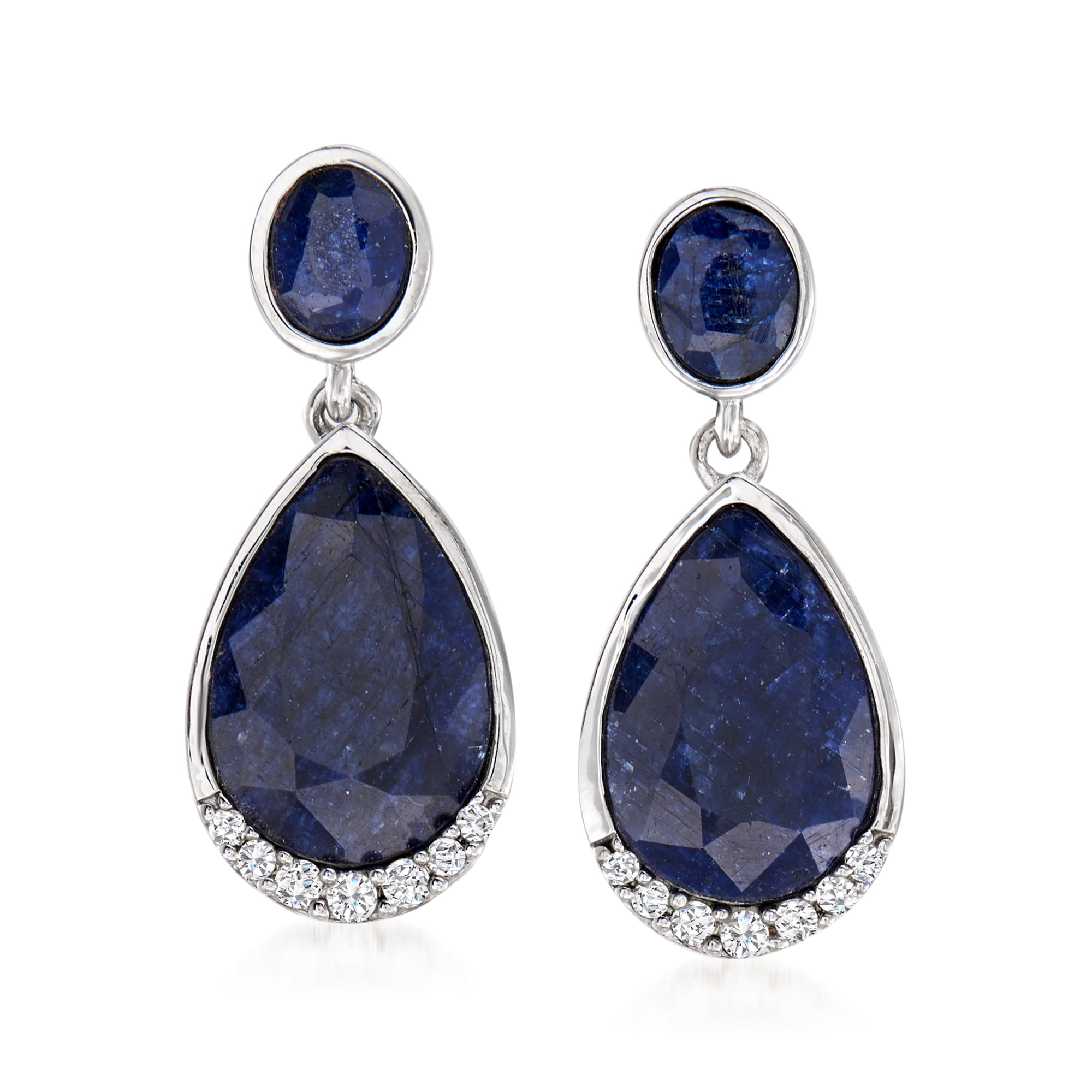 Ross-Simons 7.10 ct. t.w. Sapphire and .14 ct. t.w. Diamond Drop Earrings  in Sterling Silver