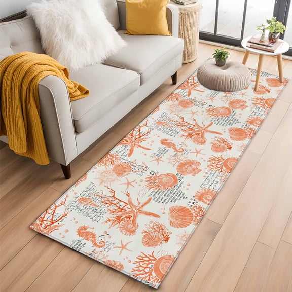 Orange Starfish Kitchen Runner Rug 2x6 Washable Runners for Hallway Non Slip Rustic Ocean Coastal Shells Conch Coral Large Area Rug Indoor Floor Carpet for Bathroom Laundry Entryway Bedroom
