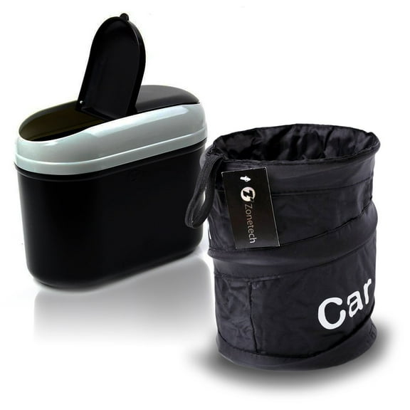 Zone Tech 2-Set Universal Traveling Portable Car Trash Can - Black Collapsible Pop-up Leak Proof Trash Can and Black Sturdy Premium Car Trash Bin