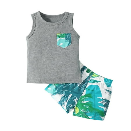 

HIBRO Boys Sleeveless Leaf Prints Vest Tops And Shorts Child Kids 2PCS Set&Outfits 2t Pants Boys Boy Toddler Dress Outfit