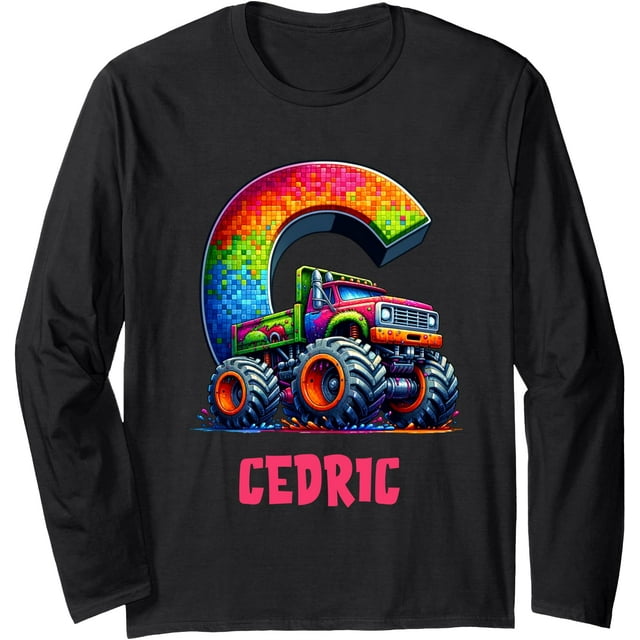 Monster Truck Ride Cedric T-Shirt à Manches Longues pour Garçons avec Nom d'Halloween - Blanc - 4TG