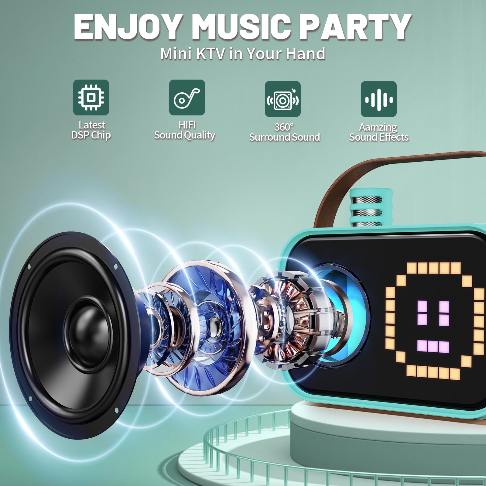 JYX Karaoke Machine for Kids Adults, Portable Bluetooth Speaker with 2 Mic, Party Speaker with 15+ Pixel Animation for Singing, D58G-T