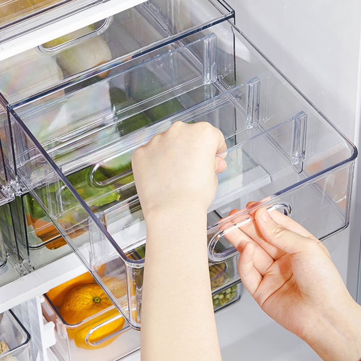 2pack Stackable Fridge Drawers Pull-out Bins Divided Produce Saver Containers For Refrigerator Storage Organizers Veggie Fruit Berry Pantry Cabinet Makeup Clothes