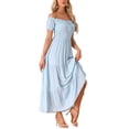 thumbnail image 4 of INSPIRE CHIC Women's Off Shoulder Puff Sleeves Ruffle Midi Smocked Tie Dresses M Blue, 4 of 6