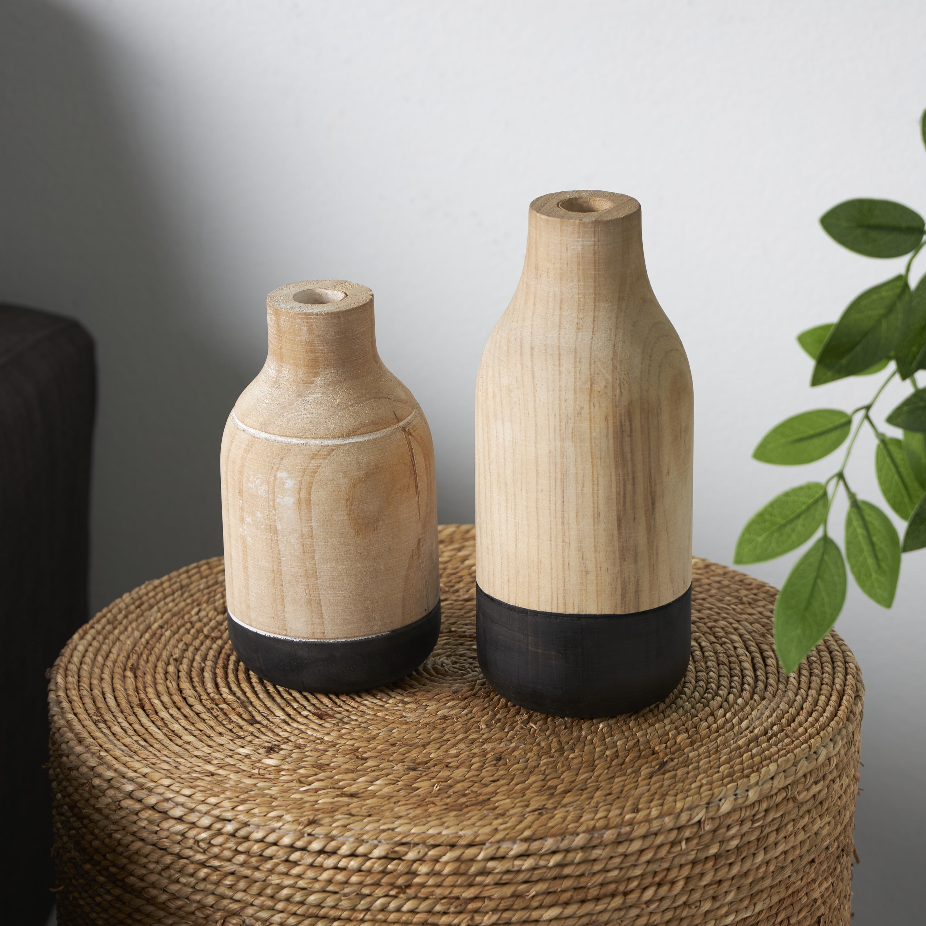 DecMode 9", 7"H Colorblock Light Brown Wood Vase with Black Bases, Set of 2