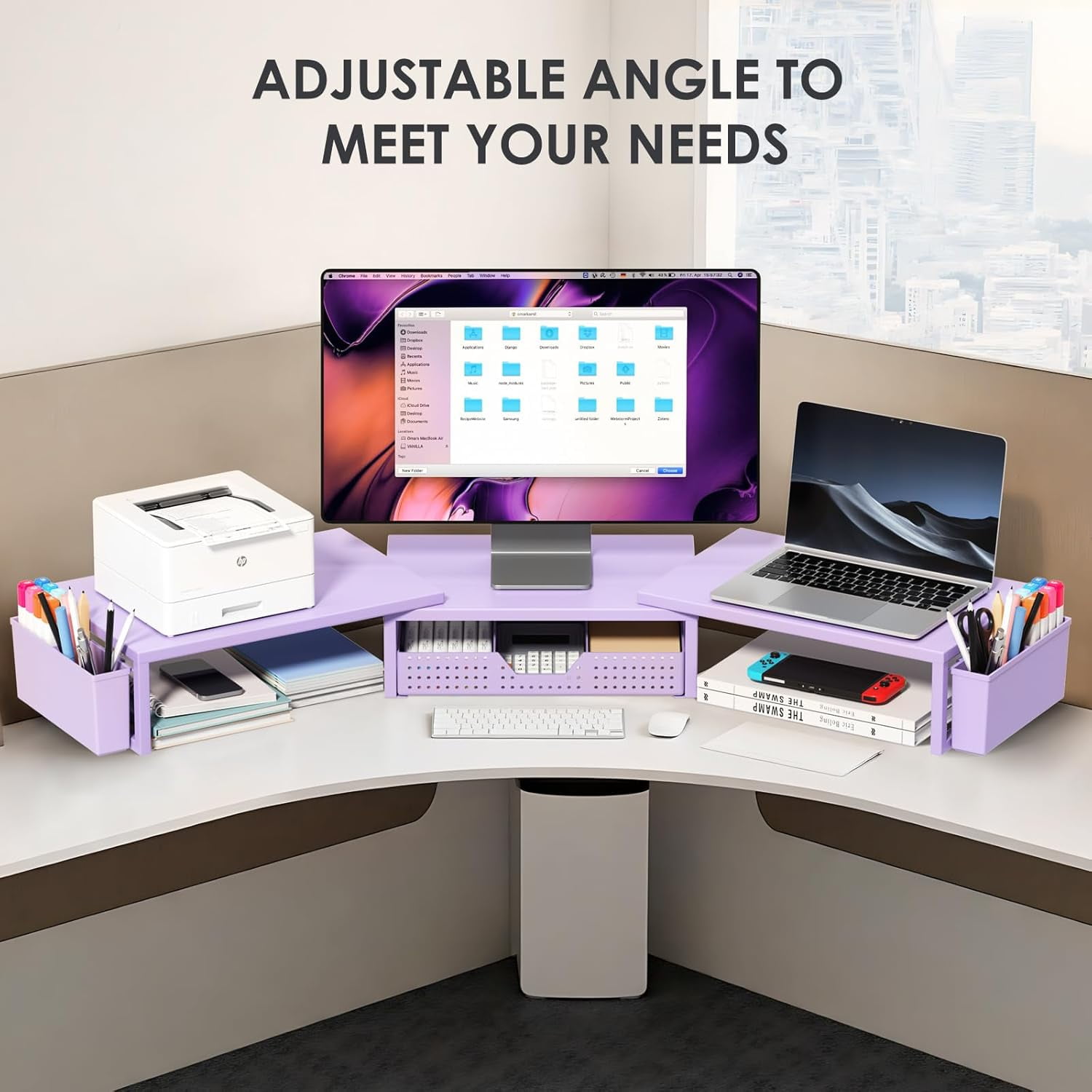Desk Organizers and Accessories, Dual Computer Monitor Stand Riser with Drawer and 2 Pen Holders, Office Desk Accessories, Workspace Desktop Organization for Office Supplies (Purple Metal )