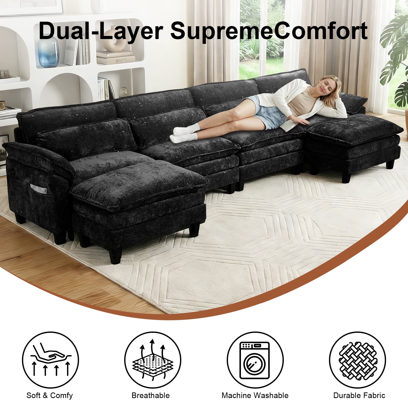 Howcool 148" Modular Sectional Sofa , 4 Seater U-Shaped Cloud Couch with Movable Ottoman, USB Charging Ports & Side Pockets, Sectional couchs for Living Room,Chenille Fabric,Black