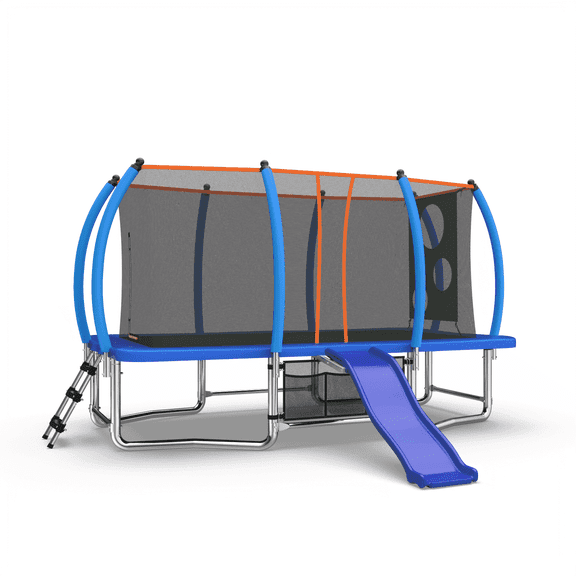 Mersco 8x14ft Large Rectangle Trampoline with Enclosure Net , Slide Outdoor Big Trampoline for Backyard,Kids Trampoline with Basketball Hoop,Birthday and Holiday Gifts for Kids,Blue