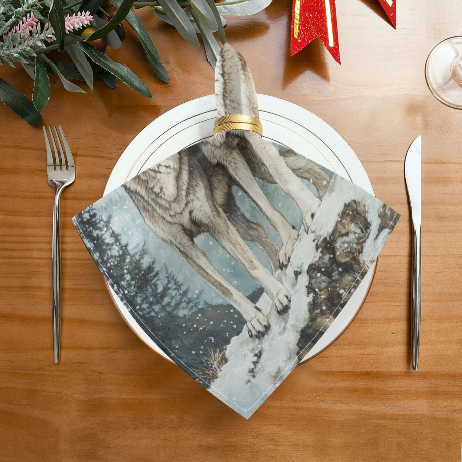 JSTEL 2 Wolves Snow Montain Cloth Napkins Set of 6, 20x20 Inch Washable and Reusable Napkin for Decoupage Dinner Party Everyday Use