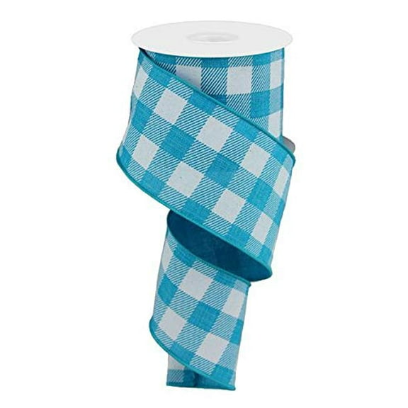 Plaid Check Wired Edge Ribbon - 10 Yards (Turquoise, White, 2.5")