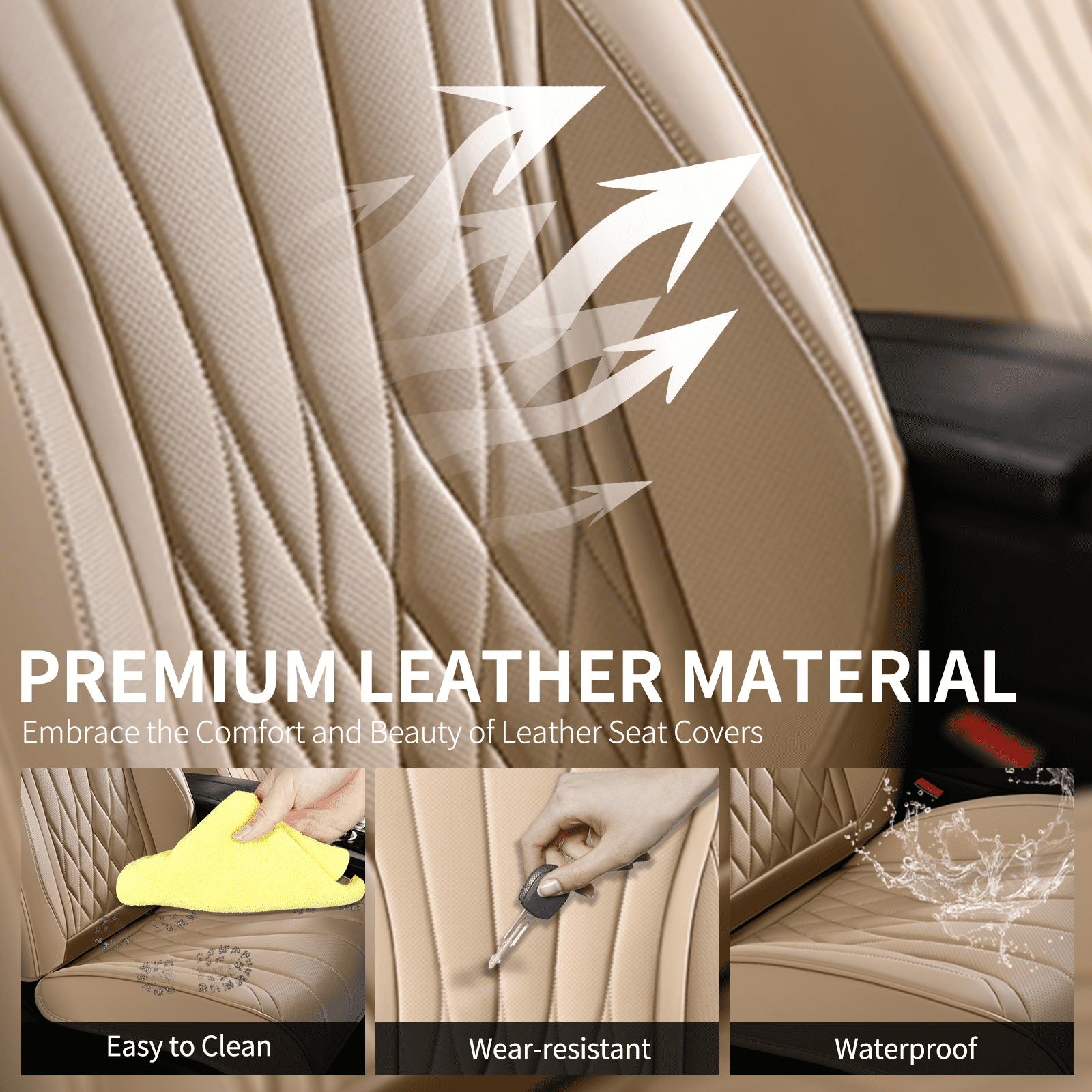 Coverado Front Car Seat Covers, Premium Leather Seat Protectors, Sleek Design Universal Fit for Most Cars, Beige