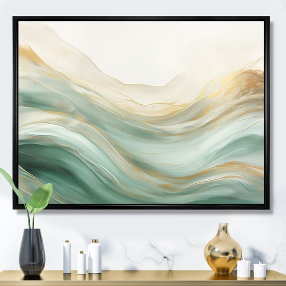 Designart "Fusion Of Gold And Green Tranquil Waves I" Abstract Shapes Floater Framed Canvas Art Print