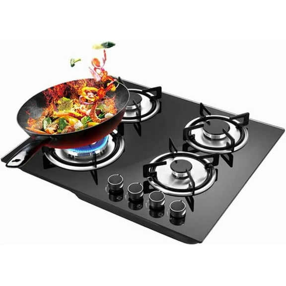 Gas Cooktop - 24 inch 4 Burners Built-in Stove - LPG/NG Dual Fuel Drop-in Tempered Glass Surface Gas Hob,Easy Clean Gas Stoves for Kitchen