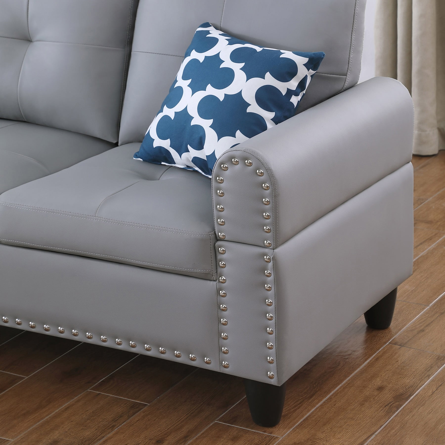 Hommoo L-Shaped Upholstered Sectional Sofa Couch with Storage & Cup Holders, Faux Leather Living Room Sofa Set, With Ottoman, Gray