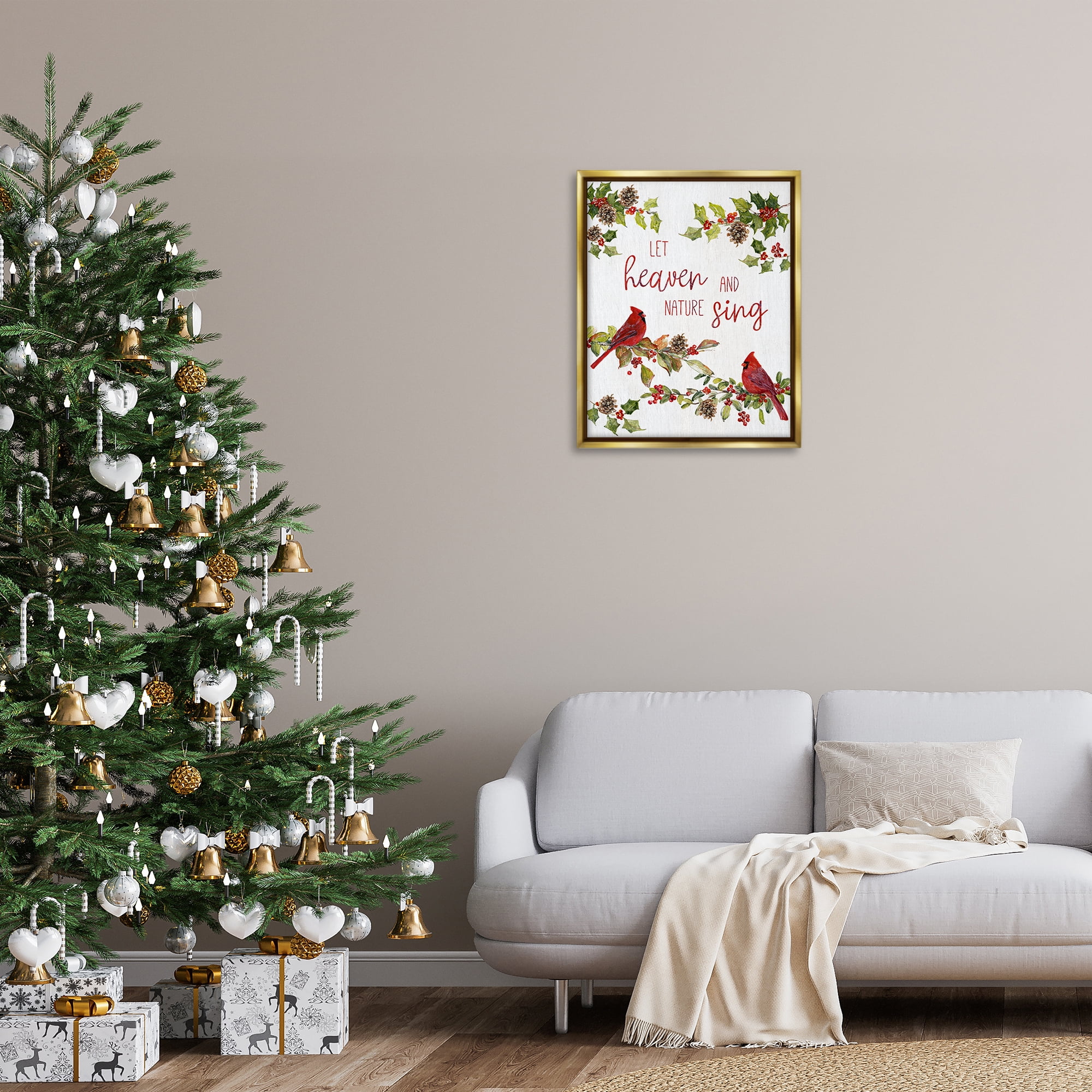 Stupell Industries Heaven & Nature Sing Holiday Painting Gold Floater Framed Canvas Art Prints Wall Art, 25 x 31