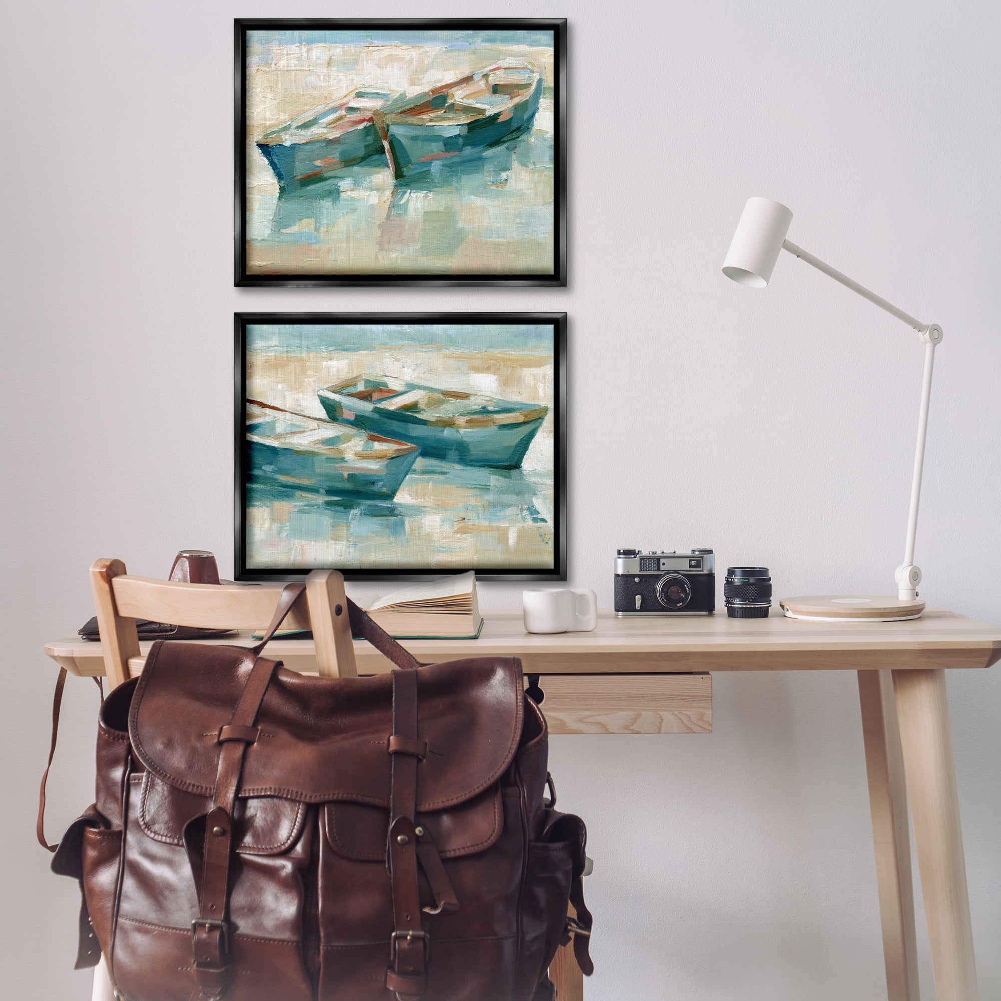 Stupell Industries Rowboat Pairs Washed Ashore Transportation Painting Black Floater Framed Canvas Art Print Wall Art, 31 x 25, Set of 2