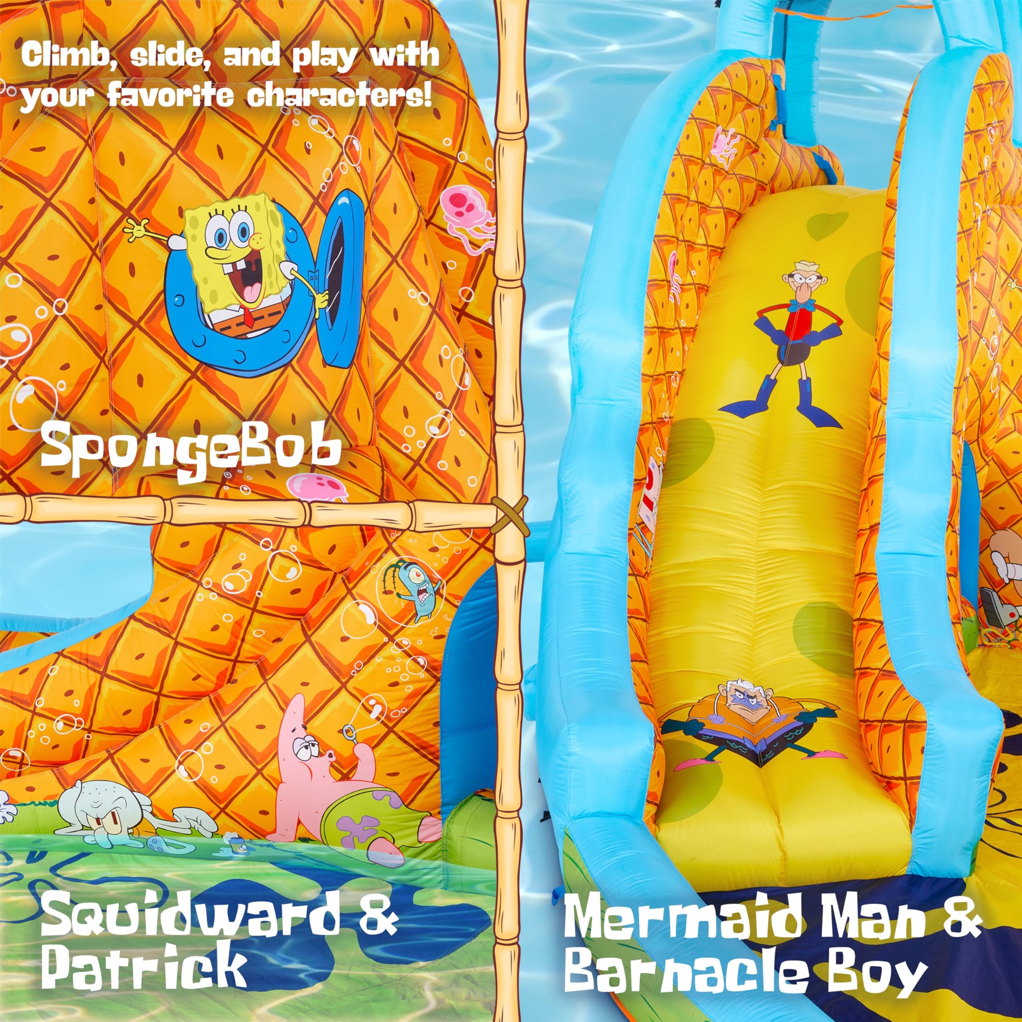 Sunny & Fun Fun SpongeBob Inflatable Waterslide with Climbing Wall, Splash Pool, and Blower