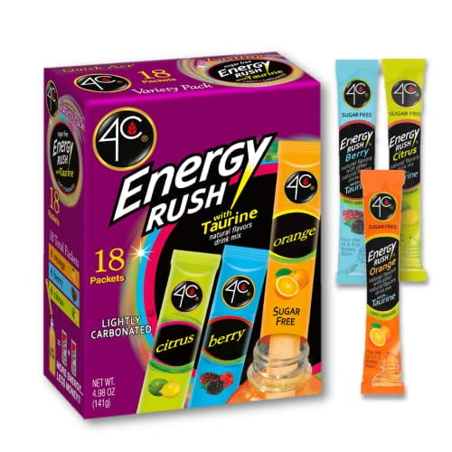 4C Energy Rush Stix, Single Serve Water Flavoring Packets, Sugar Free with Taurine, On the Go Bundle 18 Count (Variety Pack, 1 Pack)