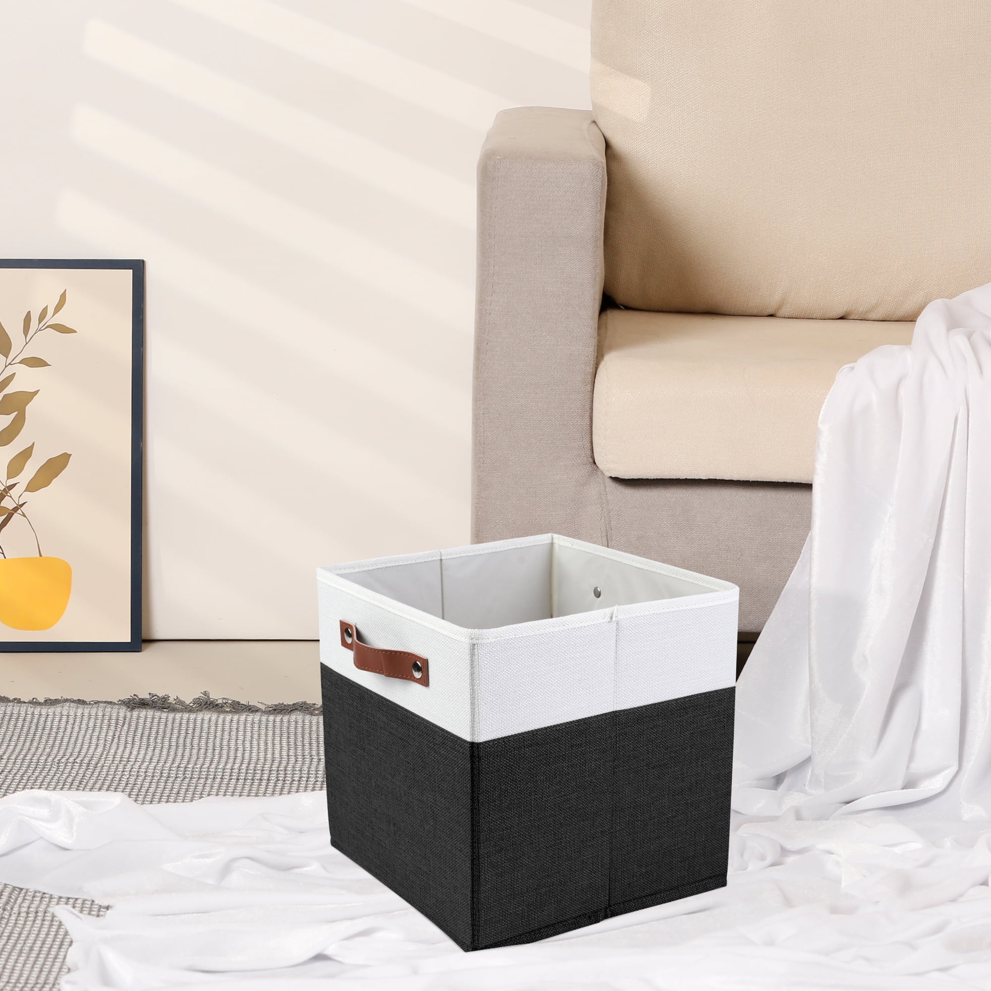 Unique Bargains Storage Cube Fabric Storage Bin with Handles White 13*13*13in