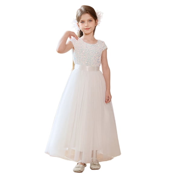 lnmuld Girls Cute Summer Dresses Elegant formal Tutu Gown for Girls Recital Pageant Performance Dress with Layered Skirt and Decorative Sash Color:White,Size:7-8 Years