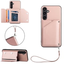 ELEHOLD for Samsung Galaxy S24 Plus PU Leather Wallet Case with Card Holders Wrist Lanyard Handstrap Kickstand Function Shockproof Protective Wallet Cover for Samsung S24 Plus,Rosegold