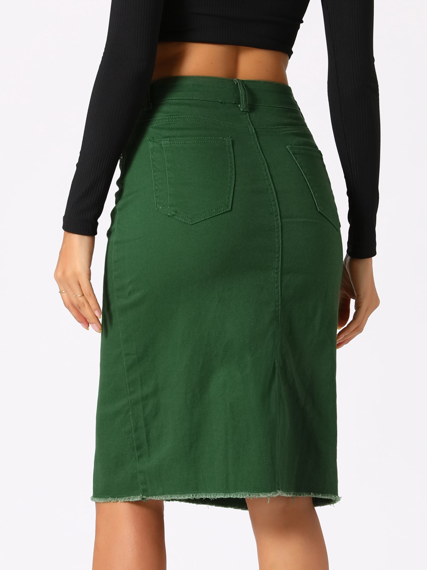 DARING DIVA Women's Jean Back Vent Midi Length Denim Skirts M Green