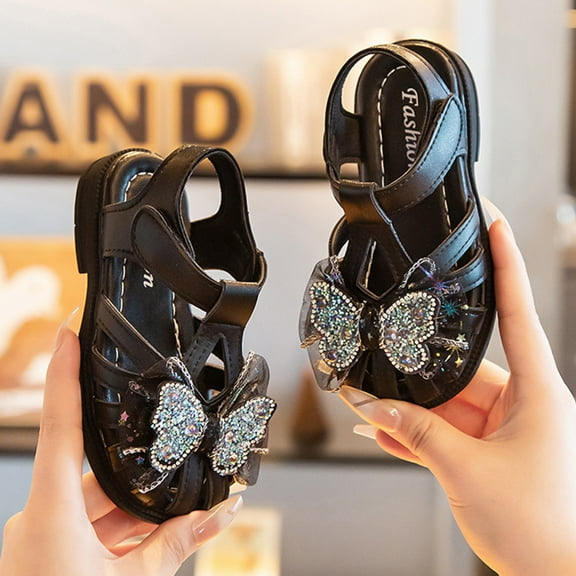 YMNXA Toddler Girls Summer Sandals Soft Sole Non Closed Toe Bow Rhinestone Design Comfortable Breathable Shoes For Wedding Birthday Party,Black,3.5-4 Years