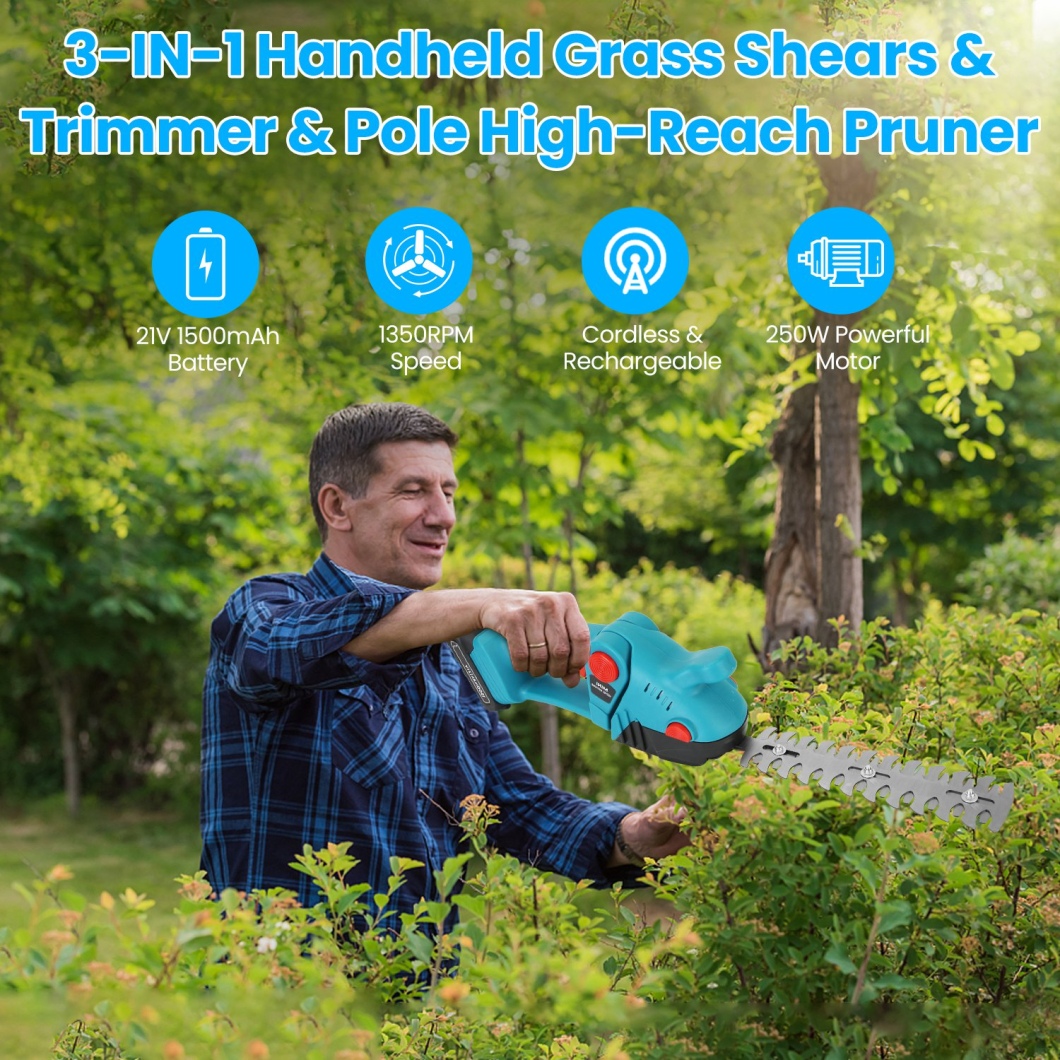 Cordless Grass Shear, 3-in-1 Handheld Hedge Trimmer, 21V Electric Grass Trimmer & Shrubbery Trimmer, Battery Operated Hedge Trimmer for Garden/Lawn with Battery and Charger