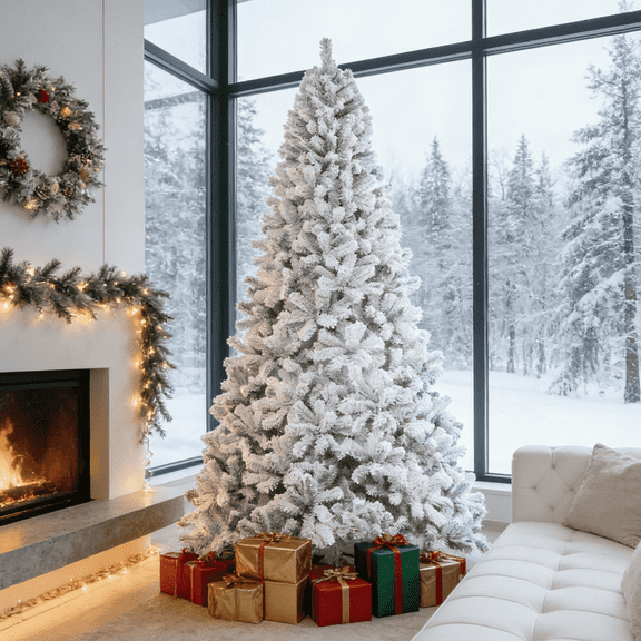 Vebreda 6ft Artificial Snow Decorated Flocked Hinged Christmas Tree with Metal Stand, Indoor White