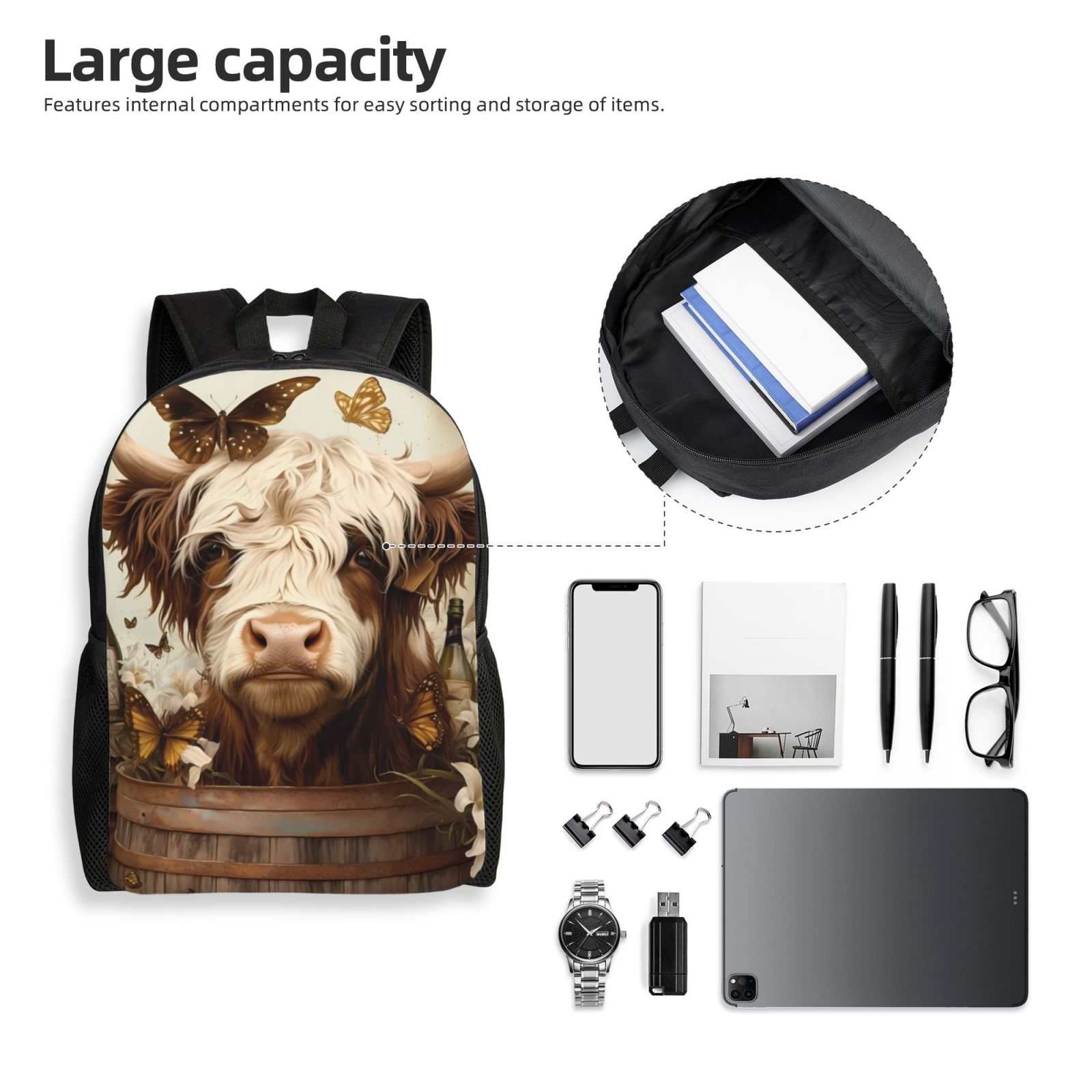 Ratiio Butterfly Cow Barrel Print Backpack with Padded 15-inch Laptop Sleeve- Spacious and Durable Daypack for Work and Travel