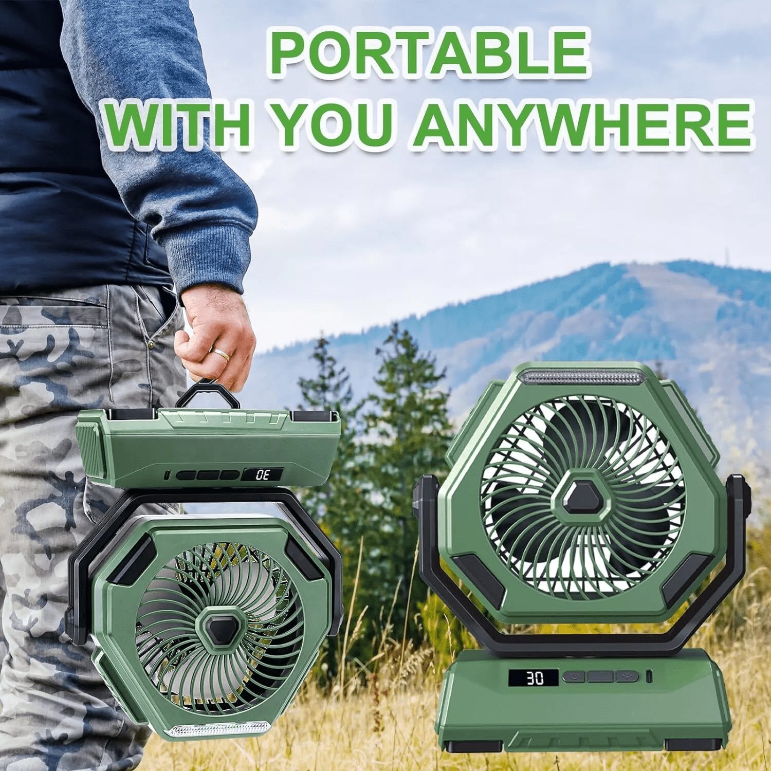 Fiuion 10400mAh Camping Fan with LED Lantern 3 Speed Rechargeable Tent Fan 270° Rotation Green